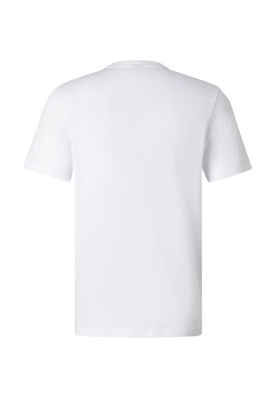 T-shirt blanc uni à manches courtes et col rond, vu de dos sur un fond blanc.