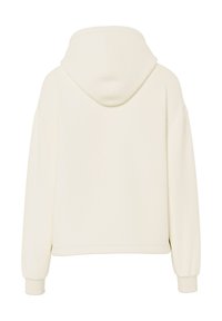 Crèmekleurige hoodie, van achteren getoond, met lange mouwen, geribbelde boorden en een capuchon, op een witte achtergrond.