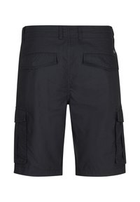 Schwarze Cargo-Shorts mit zwei seitlichen Cargo-Taschen, zwei Gesäßtaschen, einem Reißverschluss und Gürtelschlaufen. Aus robustem Material gefertigt, mit einer glatten Textur.