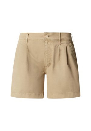 Beige Shorts mit hohem Bund, Knopfverschluss, Gürtelschlaufen, vorderen Falten und Seitentaschen, auf weißem Hintergrund dargestellt.