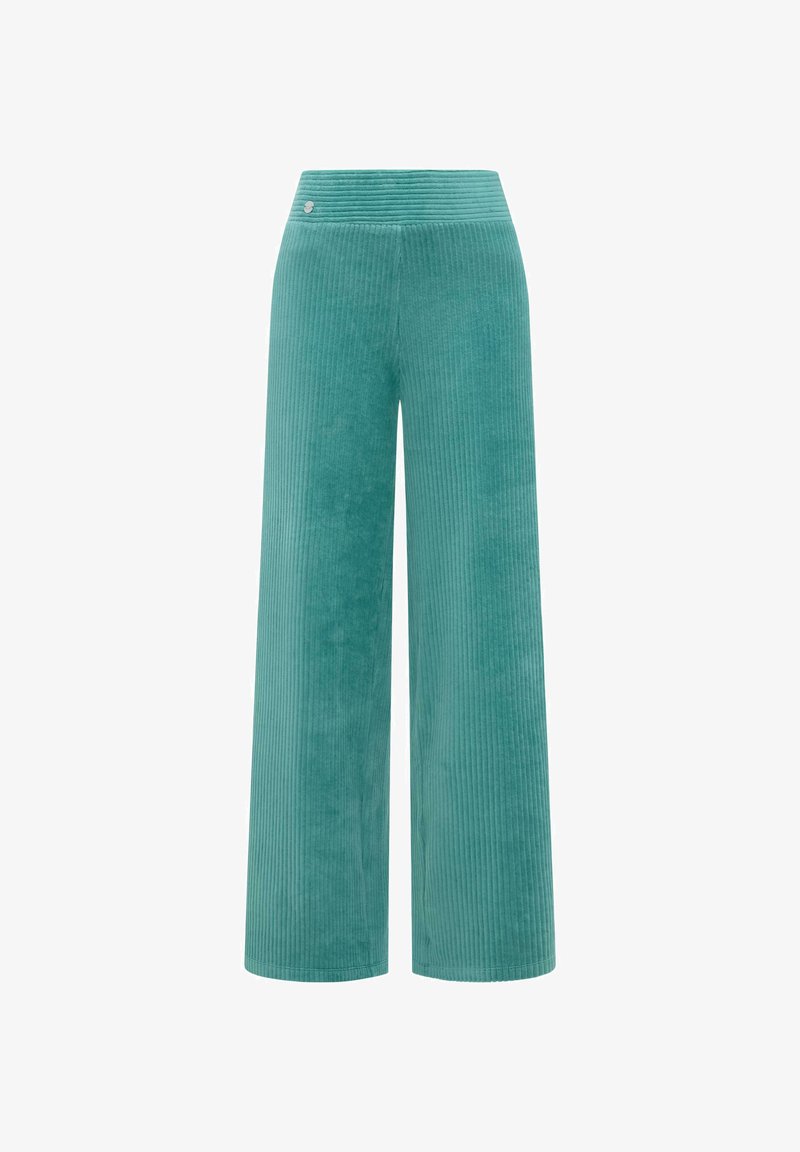 Turkoois groene wijde wijde corduroy broek met hoge tailleband en subtiele verticale geribbelde textuur, vlakke voorkant, geen zichtbare zakken of sluitingen.