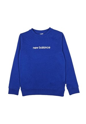 Felpa blu realizzata in tessuto misto cotone. Presenta polsini a coste, un collo rotondo e il logo bianco "new balance" sul davanti.