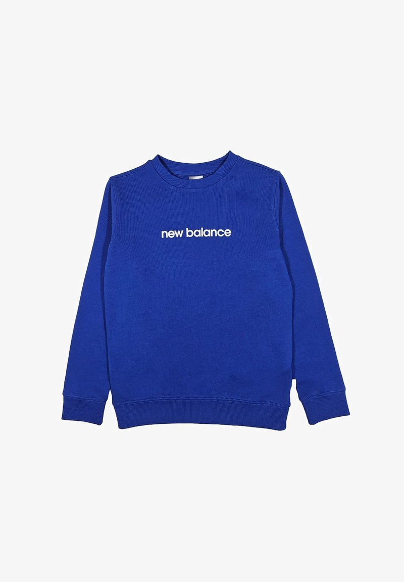 Felpa blu realizzata in tessuto misto cotone. Presenta polsini a coste, un collo rotondo e il logo bianco "new balance" sul davanti.