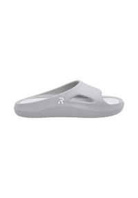 Tongs grises avec un bout ouvert, design découpé et logo surélevé. Texture lisse avec une semelle rembourrée et une forme profilée.