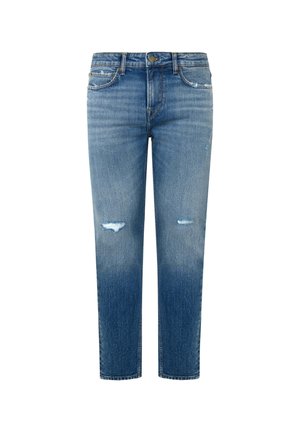Jeans azzurri chiari in stile distressed, con vita alta, gamba tapered e buchi sfilacciati sulle ginocchia; realizzati in denim con un lavaggio sbiadito e cuciture sottili.
