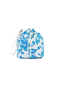 Borsa in tessuto bianco con coulisse, decorata con motivi floreali blu, dotata di una tracolla bianca e di minuterie metalliche. Texture liscia e forma arrotondata.