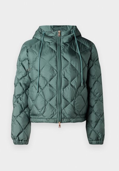 Teal quilted puffer jacket with hood, front zipper, and drawstrings. Features diamond pattern and elasticized cuffs for a snug fit.