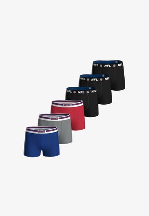 Pięć par męskich bokserek w kolorach czarnym, czerwonym, szarym i niebieskim, z logo NFL i Giants na paskach.