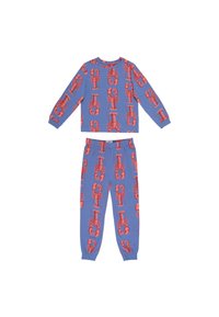 Conjunto de pijama de dos piezas con estampado de langosta en azul, fabricado en tejido suave. Presenta manga larga y cintura elástica para mayor comodidad.