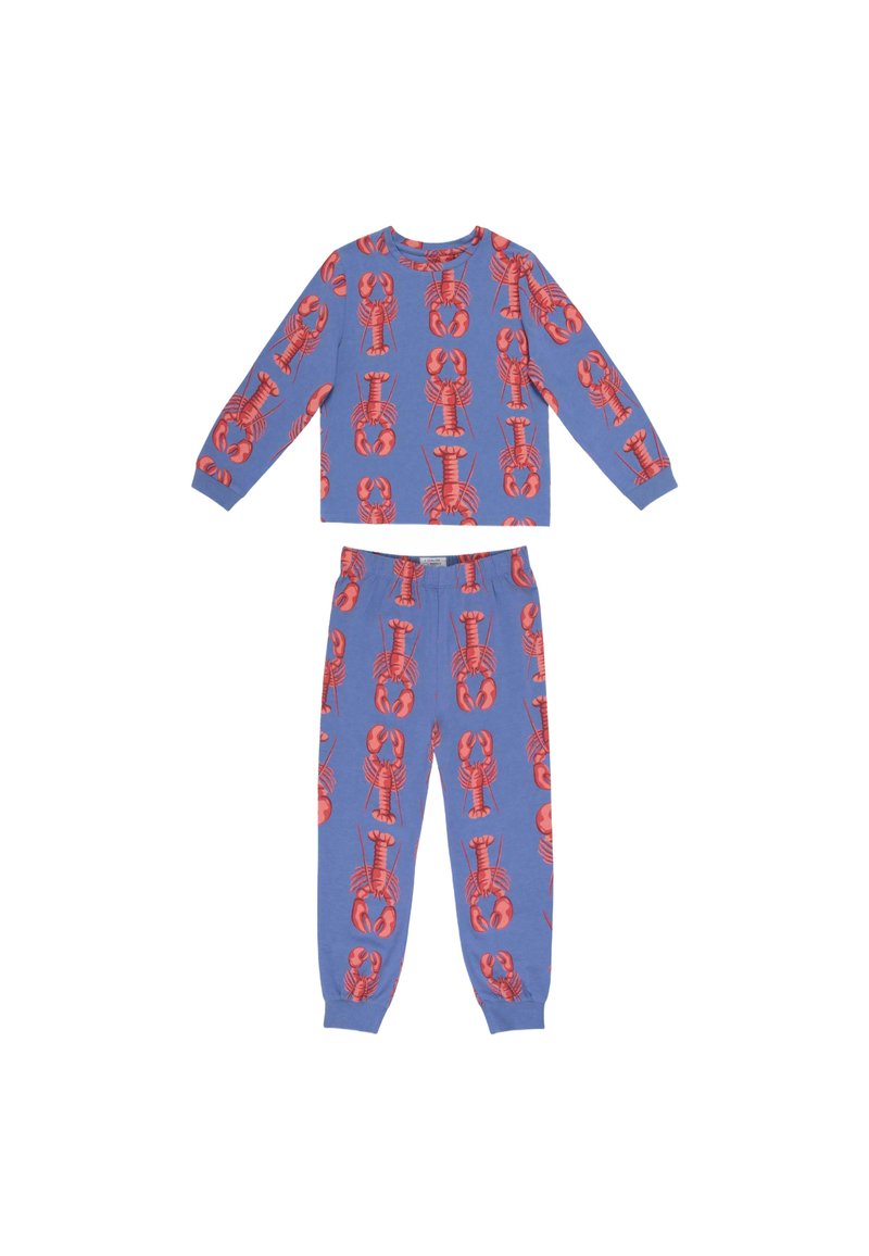 Conjunto de pijama de dos piezas con estampado de langosta en azul, fabricado en tejido suave. Presenta manga larga y cintura elástica para mayor comodidad.