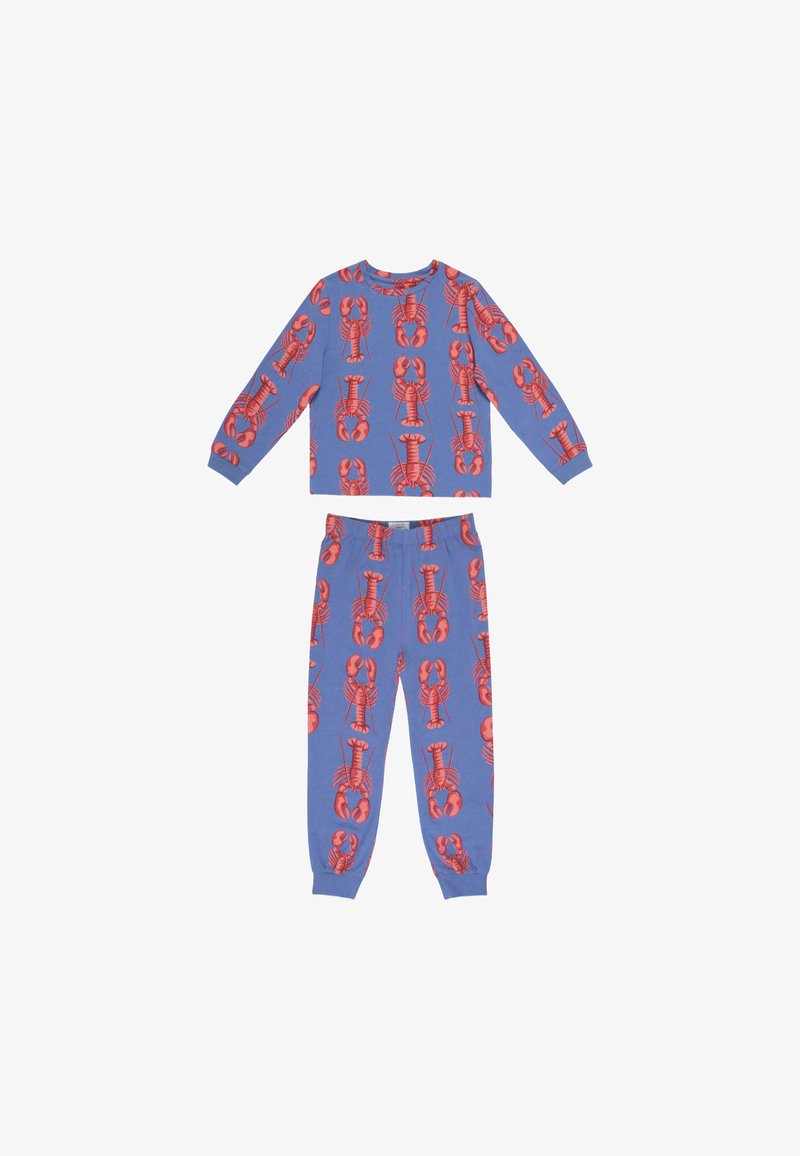 Conjunto de pijama de dos piezas con estampado de langosta en azul, fabricado en tejido suave. Presenta manga larga y cintura elástica para mayor comodidad.