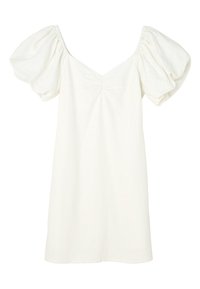 Weißes Kleid mit Puffärmeln, V-Ausschnitt und gerafftem Detail an der Brust. Hergestellt aus einem leichten, strukturierten Stoff.