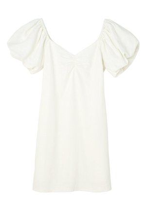 Vestido blanco con mangas abullonadas, escote en V y detalle fruncido en el torso. Hecho de una tela ligera y texturizada.
