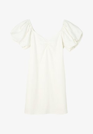 Vestido blanco con mangas abullonadas, escote en V y detalle fruncido en el torso. Hecho de una tela ligera y texturizada.