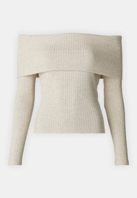 Lys beige off-shoulder ribbetopp med lange ermer, med en tettsittende silhuett og en glatt tekstur.
