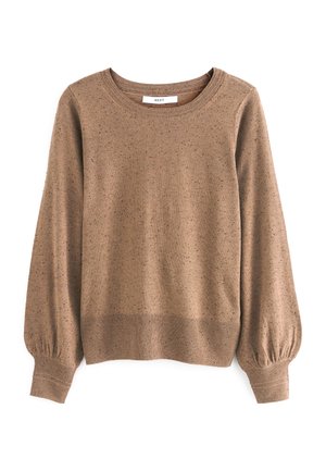 Pull en maille tachetée marron avec manches longues bouffantes, poignets côtelés, ourlet et encolure ronde.
