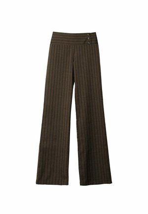 Pantalons à jambe large en tissu brun foncé avec des rayures verticales, dotés d'une taille lisse et de trois boutons décoratifs.