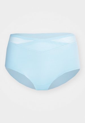 Bañadores hipster de color azul claro con una textura suave y costuras blancas en contraste a lo largo de la cinturilla y los laterales.