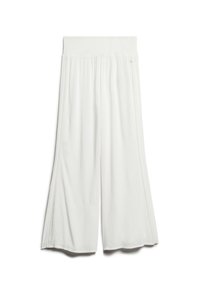 Pantalones de pierna ancha blancos, confeccionados en una tela texturada, con una cinturilla elástica y costuras laterales que presentan un sutil detalle de costura.
