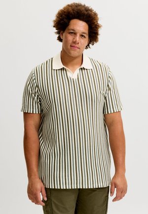 Bărbat cu păr creț și pistrui, purtând un tricou polo cu mâneci scurte, alb și verde cu dungi verticale, și pantaloni verde măsliniu.