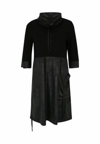 Schwarzes Kleid mit Kapuzenkragen, kurzen Ärmeln und l�ässiger Passform. Verfügt über einen glatten Oberstoff und eine Tasche mit gerafften Details.