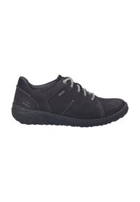 Chaussures décontractées noires en daim avec des lacets gris, une finition texturée, une couture contrastante et une semelle en caoutchouc noir robuste.