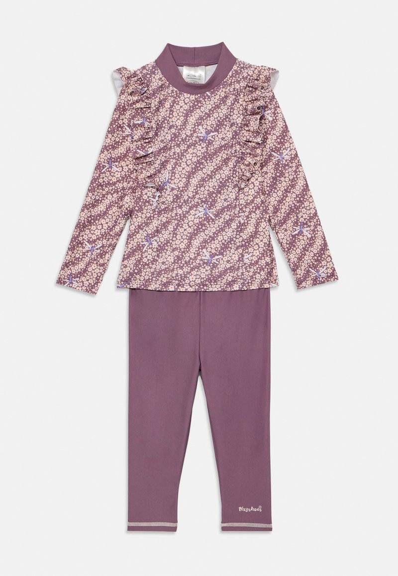 Dviejų dalių vaikų apranga, kurią sudaro ilgomis rankovėmis marškiniai su volanų detale ir gėlių raštu purpurine spalva, derinami su vienspalvėmis purpurinėmis leggins.