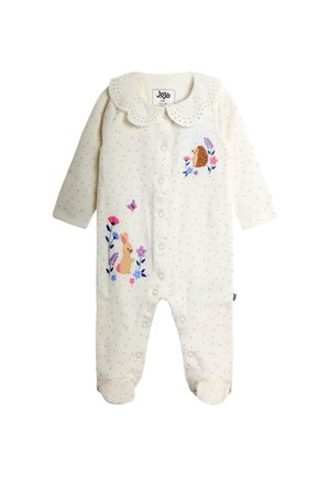 Krem bodi za bebe sa ružičastim točkicama, valovitim ovratnikom, gumbima sprijeda i izvezenim dizajnom zeca, ježa, cvijeća i leptira.