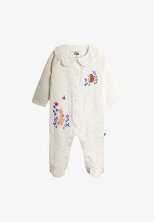 Cremefarbiger Babystrampler mit rosa Tupfen, gewelltem Kragen, Knöpfen vorne und bestickten Hasen-, Igel-, Blumen- und Schmetterlingsmotiven.