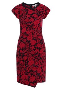 Robe à fleurs rouge et noire à longueur genou avec manches courtes, taille cintrée, encolure arrondie et ourlet asymétrique.