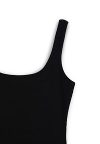 Canotta nera a costine con spalline larghe e scollatura rotonda, realizzata in un materiale elasticizzato per una silhouette aderente.