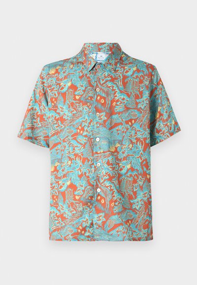 Camisa de botão de manga curta em laranja com um padrão complexo de desenhos azuis e amarelos, apresentando um colarinho e um corte descontraído.