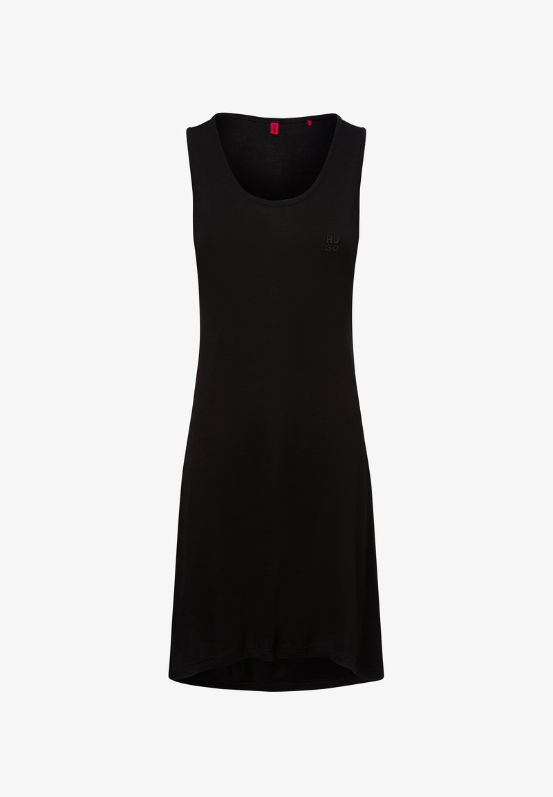 Schwarzes ärmelloses Kleid aus elastischem Material mit einem runden Ausschnitt und einem dezenten Logo in dunkler Fadenfarbe. Glatte Textur und knielanges Design.
