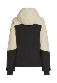 Zwarte en beige jas met een gemusterde capuchon, voorzien van een zwart ondergedeelte, lange mouwen en verstelbare manchetten.