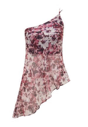 Top floral assimétrico de um ombro em tecido transparente, apresentando tons de rosa e bordô, com uma barra fluída e alças delicadas.