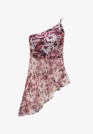 Asymmetrisk floral top med én skulder i gennemsigtigt stof, prydet med nuancer af pink og burgunder, med en flydende kant og fine stropper.