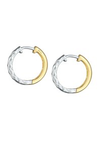 Hoopøreringe med et delt design; den ene halvdel er poleret guld, og den anden er struktureret sølv. Fremstillet af 925 sterling sølv.