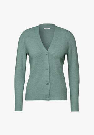 Mintt vihreä neuletakki, jossa on V-pääntie, ribattu pinta, pitkät hihat ja viisi nappia edessä. Pehmeä kangas, ja istuva siluetti.