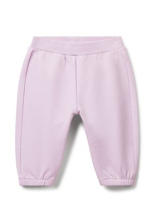Pantaloni da jogging per bambini di colore viola chiaro, con vita e polsini elastici, presentati piatti su uno sfondo bianco.
