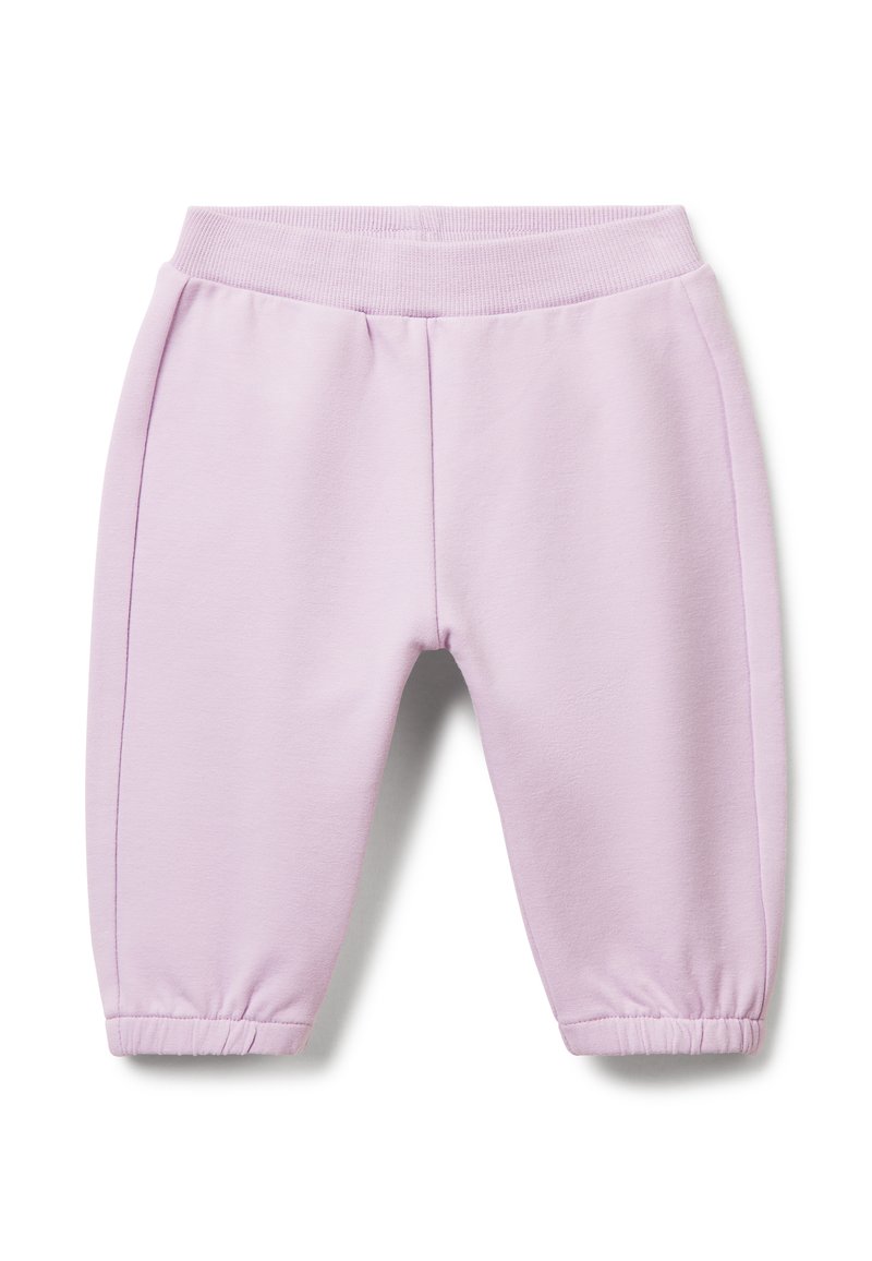 Lichtpaarse peuter sweatpants met elastische tailleband en boorden, plat afgebeeld tegen een witte achtergrond.