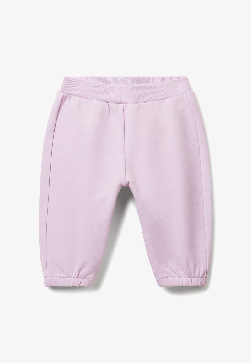 Lichtpaarse peuter sweatpants met elastische tailleband en boorden, plat afgebeeld tegen een witte achtergrond.