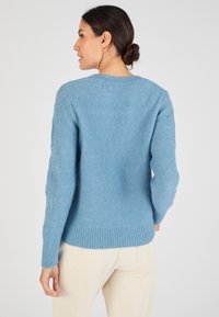 Maglione azzurro chiaro a maglia con orlo e polsini a costine. Presenta motivi decorativi a occhio di pernice sulle maniche. Materiale morbido e strutturato.