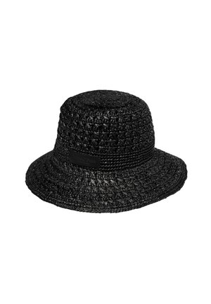 Black woven bucket hat with wide brim and textured pattern against a white background.