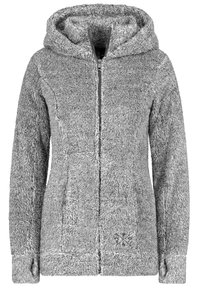 Gray fleece hoodie with a full front zipper, textured, soft surface, large hood, and two side pockets. Features a subtle logo on the hem.