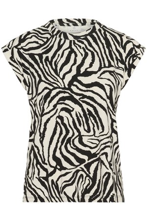 Tricou cu imprimeu zebra alb-negru, cu mâneci scurte tip capă, guler rotund și o textură de material moale. Design casual și contemporan.