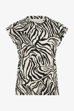 Czarna i biała koszulka T-shirt w wzór zebry z krótkimi rękawami-kapturkami, okrągłym dekoltem i miękką fakturą materiału. Luźny i nowoczesny design.