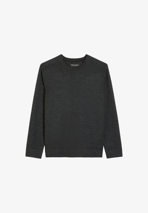 Pull en col rond à manches longues gris foncé, avec un design simple et uni, et une petite étiquette de marque à l'intérieur du col.
