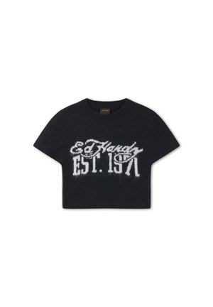 Black cropped sweater with white knitted text "Ed Hardy EST. 1971" on the front and a round neckline.