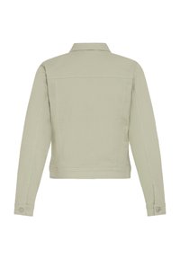 Světle béžová džínsová bunda s dlouhými rukávy, zapínáním na knoflíky na manžetách a propracovanými zadními švy.