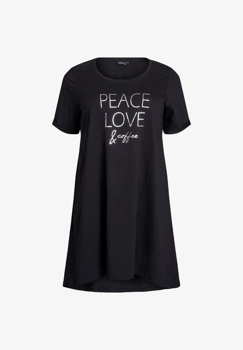 Μαύρο φόρεμα t-shirt με κοντά μανίκια, στρογγυλή λαιμόκοψη και κυρτό τελείωμα. Διαθέτει λευκό κείμενο που λέει "ΕΙΡΗΝΗ ΑΓΑΠΗ & καφές." Μαλακό ύφασμα.